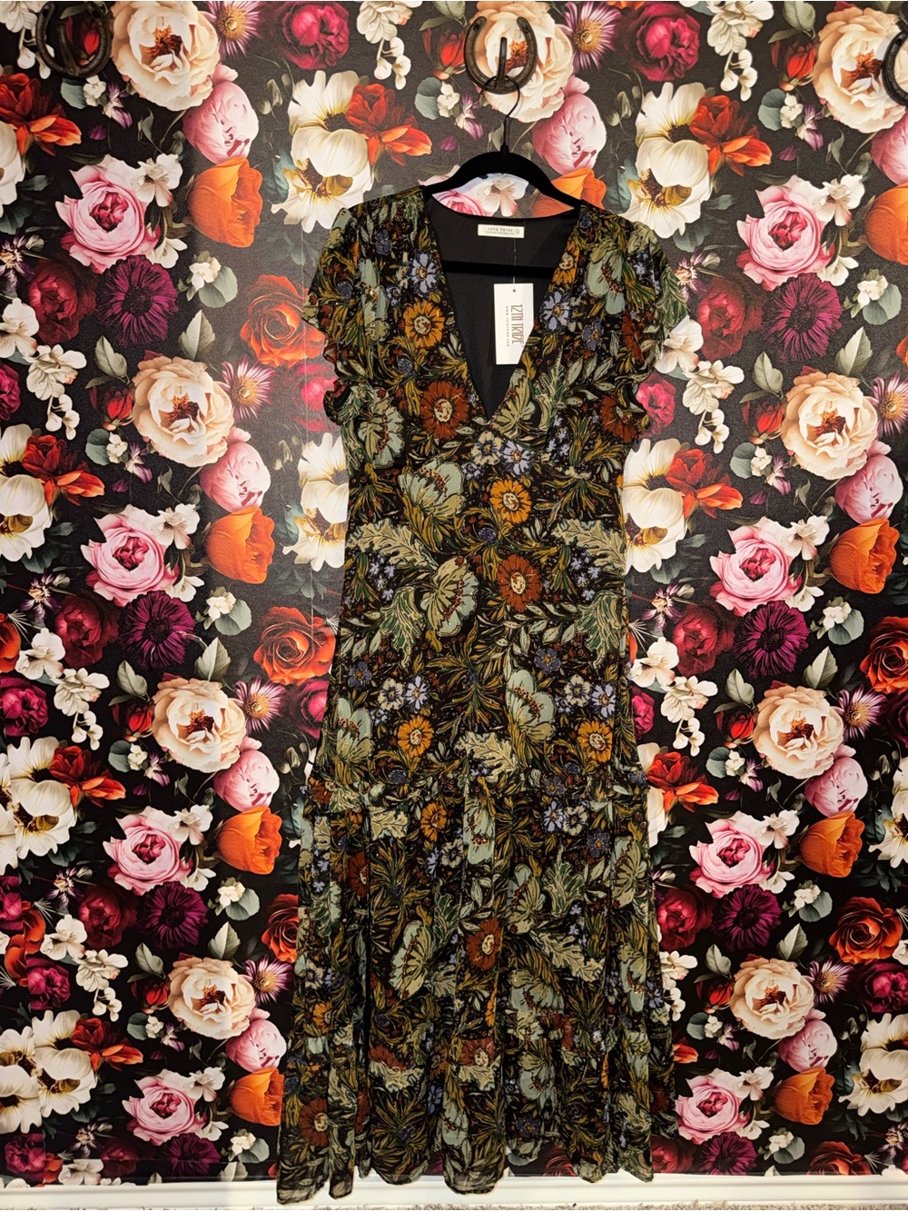 12th Tribe Black Floral Deep V-Neck Tiered Maxi Dress, Large, NWT - Picture 9 of 15